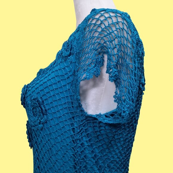 Y2K Crochet Top 3D Flowers Turquoise Blue Size M Boho Fairy - Picture 7 of 9